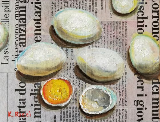 "Eggs on Newspaper" Original Painting Food Art 8 by 6"  (20x15 cm)