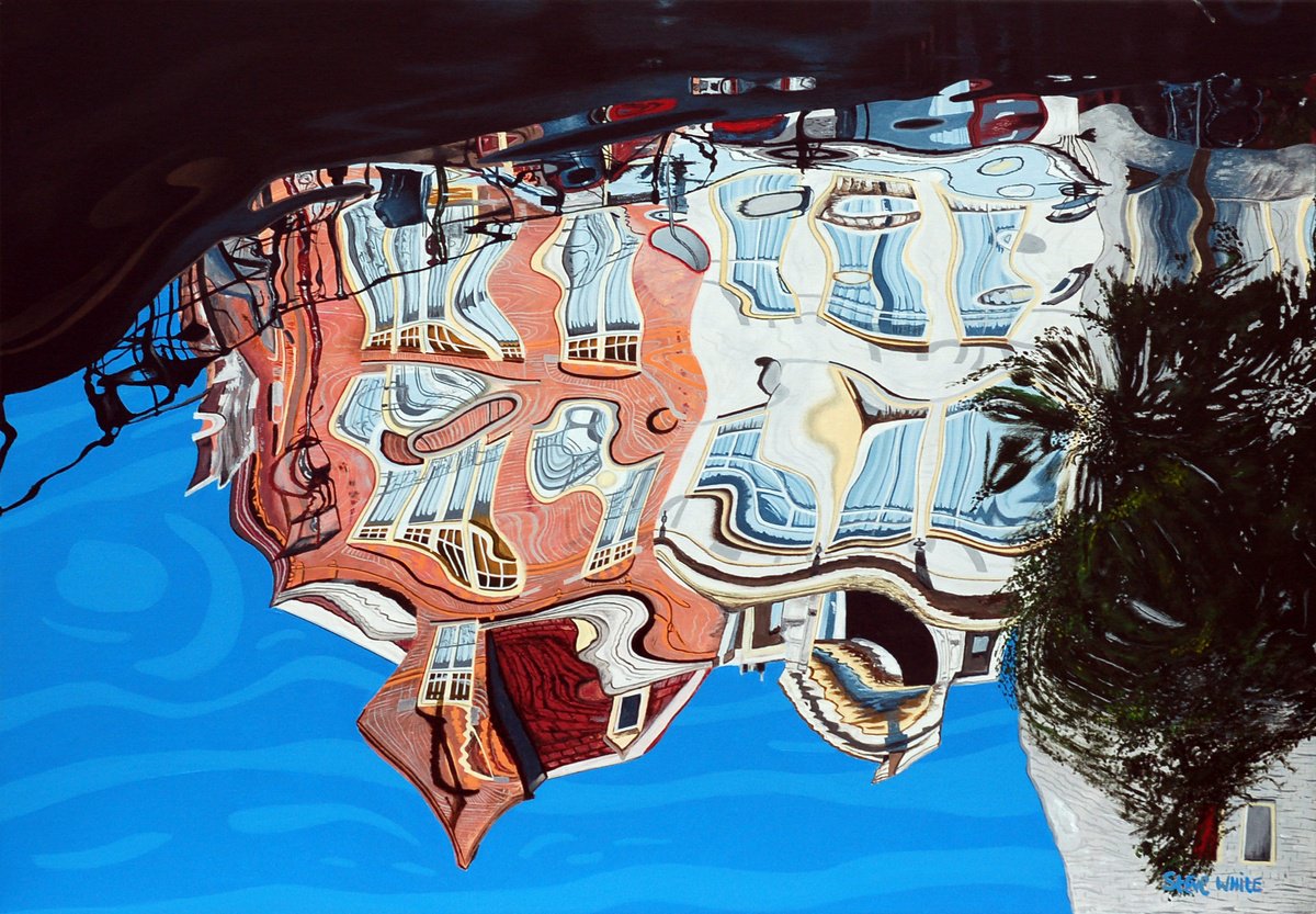 Photorealistic Cityscapes Acrylic Painting By Steve White, 39 X 28", Prinsengracht 330, Revisited, Original Artwork