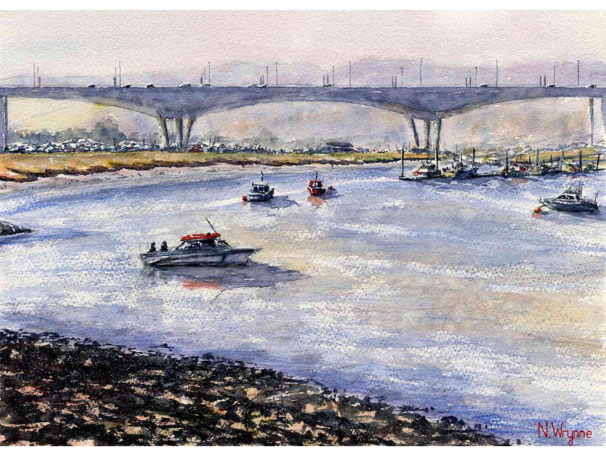 Impressionistic Landscape Watercolour By Neil Wrynne, 15 X 11", Boats On The Medway, Original Artwork