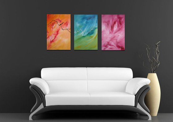 Dolce onda di fuoco, Triptych n° 3 Paintings, Original abstract, oil on canvas