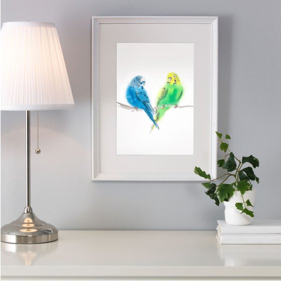 Couple Budgerigar Parakeet Love - Bird Painting, Birds Pair, Valentine’s Day