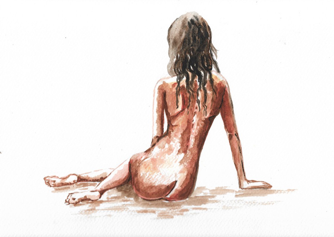 Nude female sitting Watercolour by MARJANSART | Artfinder