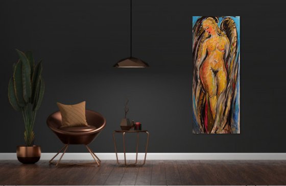 IN SLEEP OR IN WAKING. ANGEL - nude art,  XL large wall sized, original painting angel love wings beautiful female nude, Paris architecture art, Christmas gift, interior decor 170x70