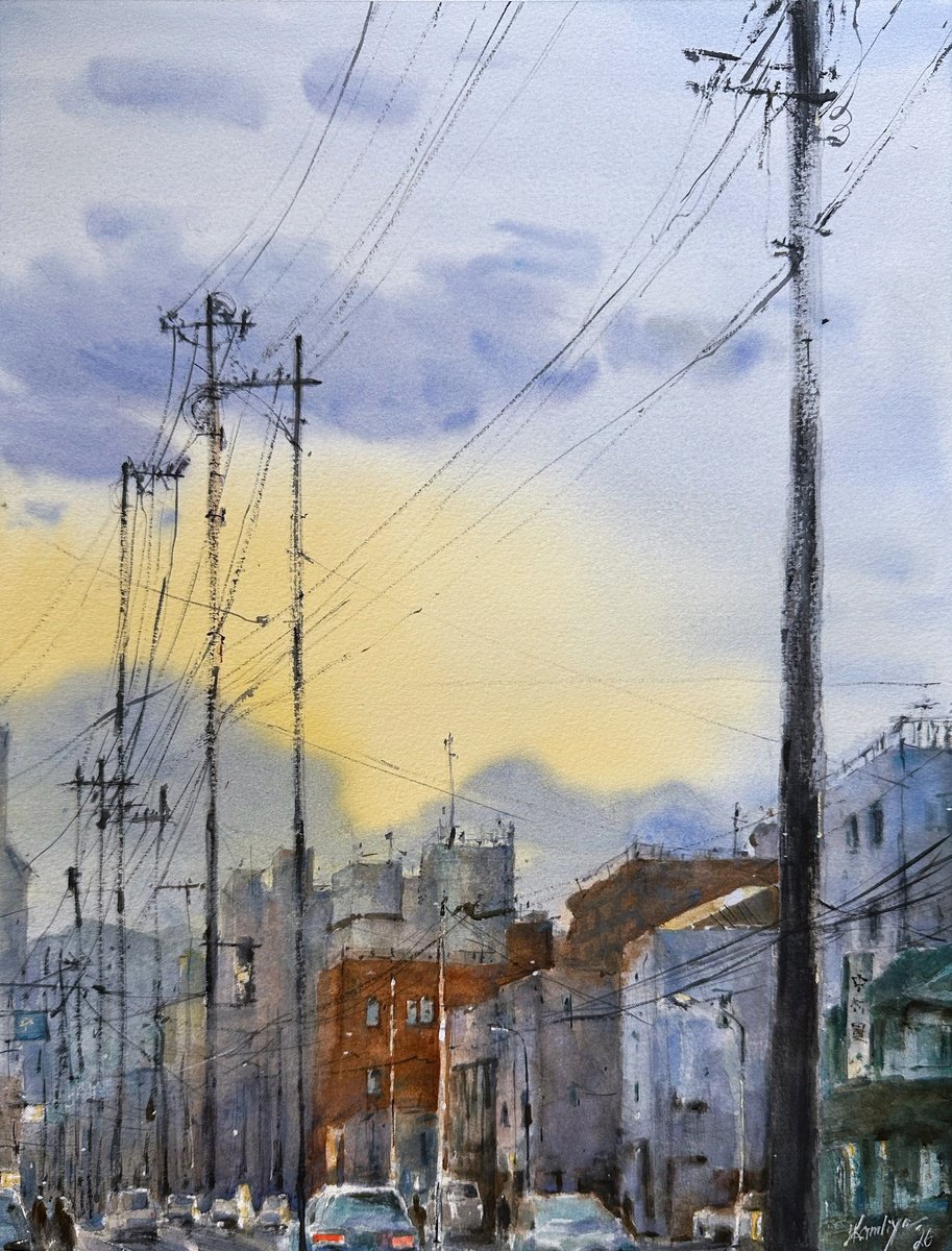 Impressionistic Watercolour , Sapporo Wires At Twilight By Leyla Kamliya, 12 X 16, Artwork For Sale On Artfinder