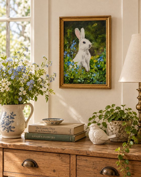 White Rabbit with Blue Flowers