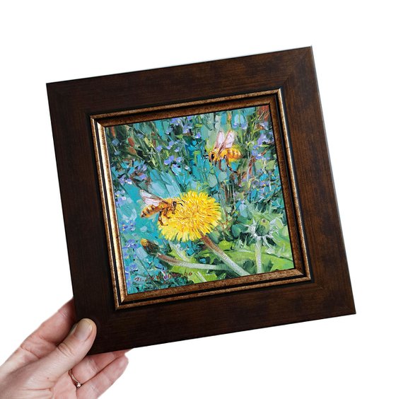 Bee art painting original framed picture, Yellow flowers painting dandelion, Small Bee painting small picture frame