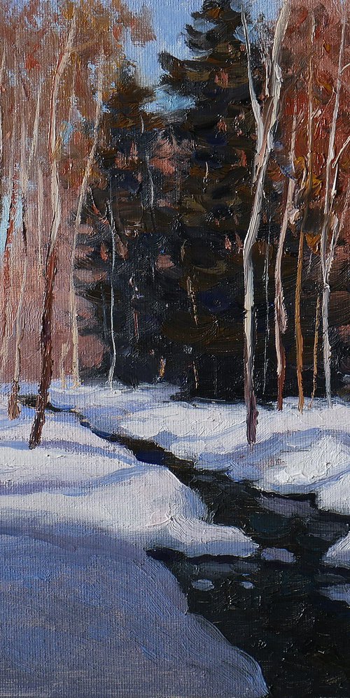 The Forest Brook - original sunny landscape, winter painting by Nikolay Dmitriev