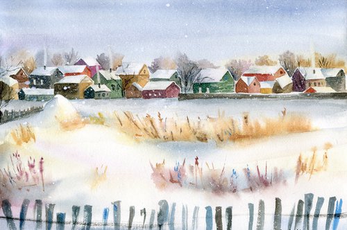 Winter village landscape with houses. by Evgeniya Mokeeva
