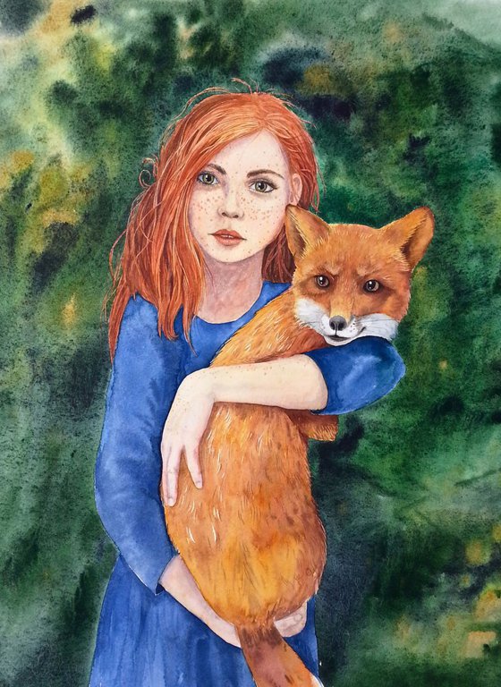 Ginger and Red - Cute red hair girl holding a fox