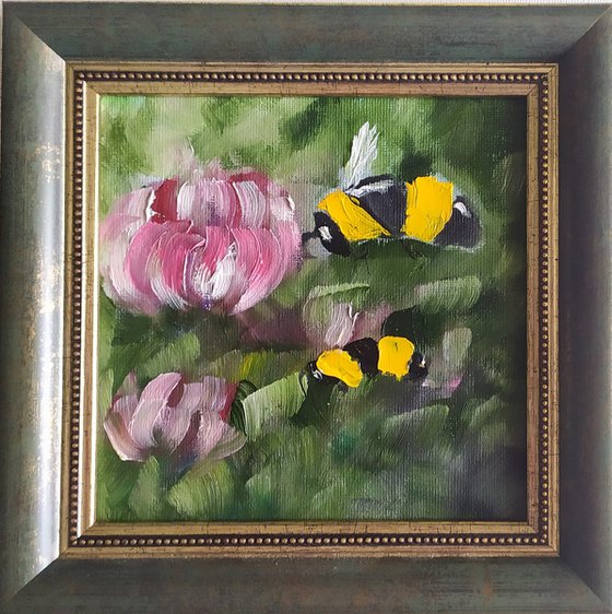 Bees, small framed oil painting, flower, gift idea, art for home