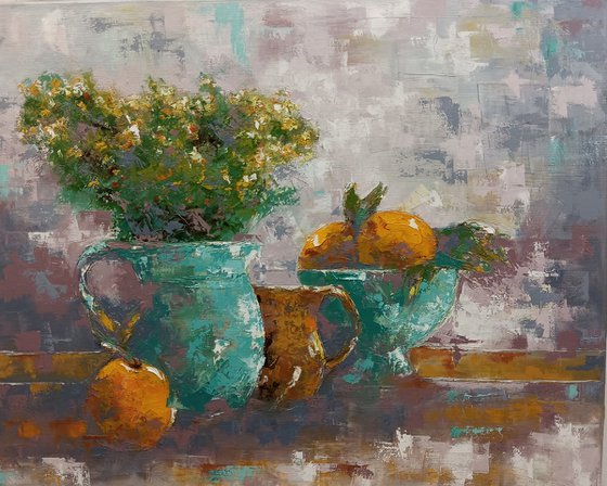 Still life oil painting. Palette knife art