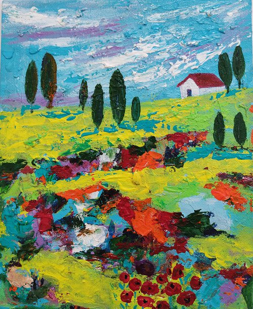 Tuscany - abstract landscapelovers - acrylic painting on canvas board - gift for lovers - tuscany italy lovers by Vikashini Palanisamy