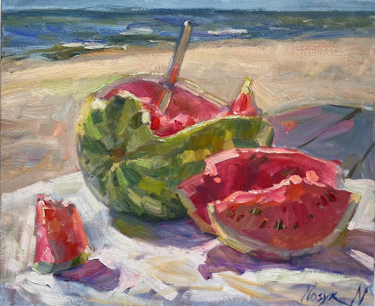 Watermelon on the beach 60х50 см | oil painting on canvas flowers by Nataliia Nosyk