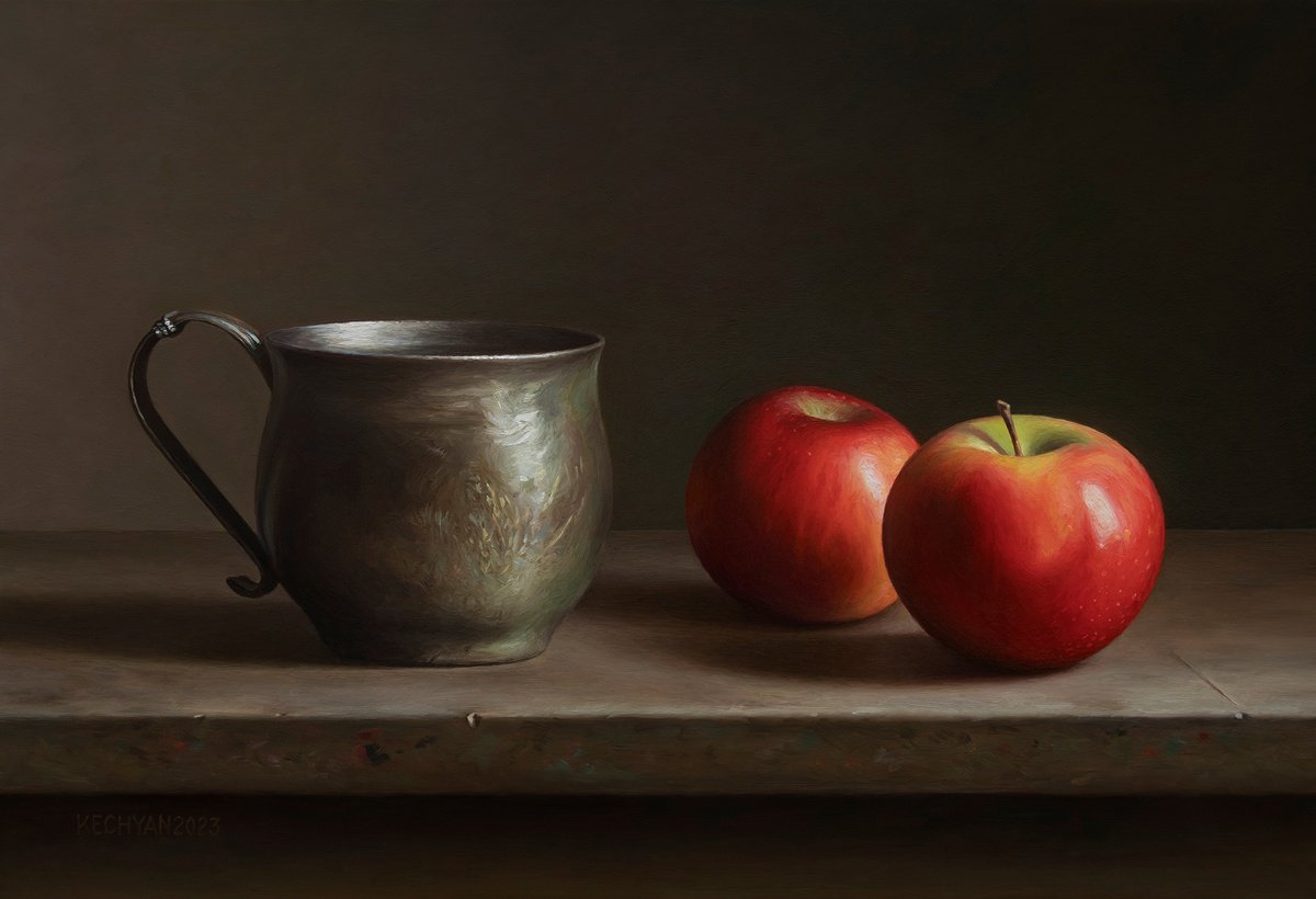 Photorealistic Still Life Oil Painting By Albert Kechyan, 16 X 11, Apples With A Cup, Original Artwork