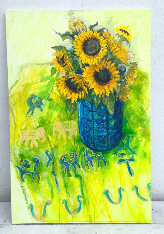 Sunflowers with African cloth