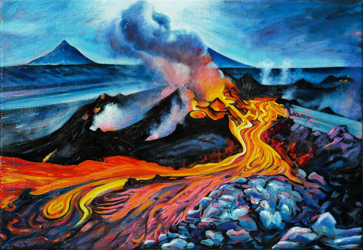 Expressive Landscape Oil Painting By Lionel Le Jeune, 22 X 15", Volcanic Eruption, Original Artwork