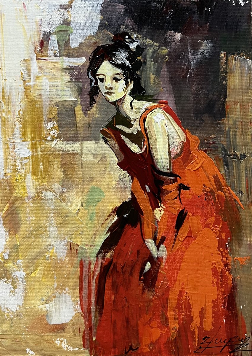 Impressionistic Portrait Oil Painting By Vahe Bagumyan, 12 X 16", Crimson Elegance, Original Artwork