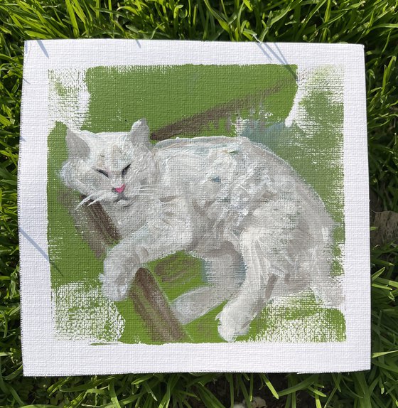 White cat portrait painting