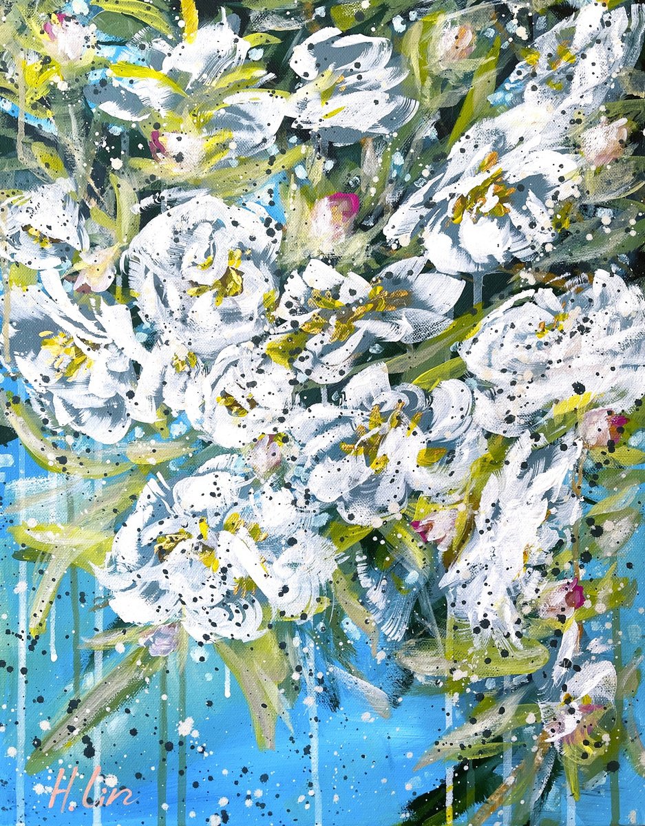 Expressive Still Life Acrylic Painting By Hsin Lin, 16 X 20, Golden Luminescence, Original Artwork