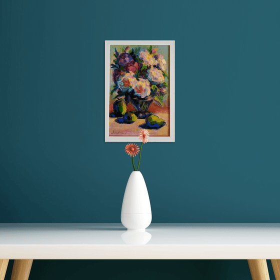 Still life Bouquet of summer flowers and pears