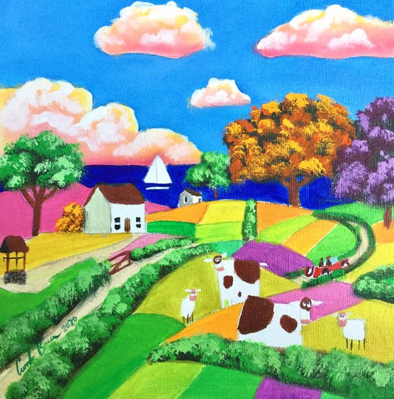 Sheep and cows naive art painting
