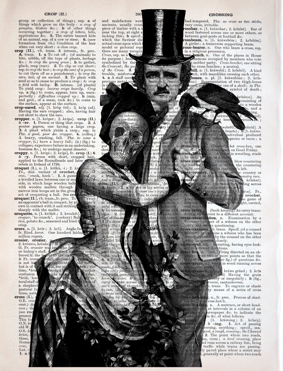 Edgar Allan Poe And Lady Skull - Collage Art Print on Large Real English Dictionary Vintag... by Jakub DK - JAKUB D KRZEWNIAK