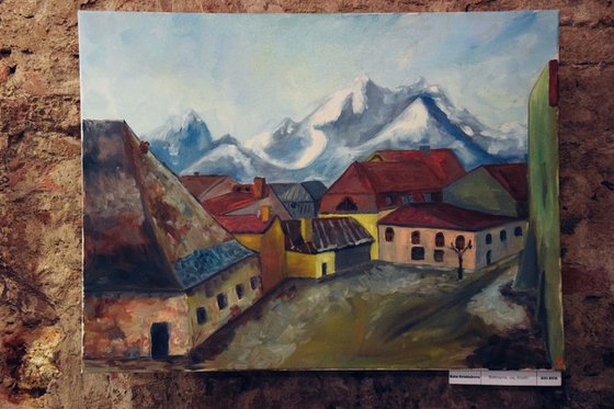 Slovak Original Oil Painting on Canvas Kežmarok. Mountain Town.