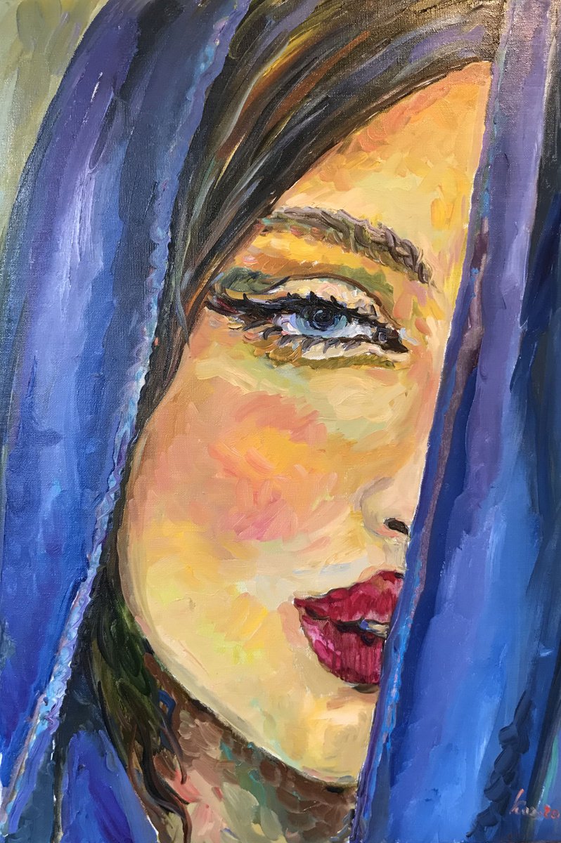 GIRL IN BLUE- female portrait, face, love, original oil painting, lips, Valentine 75x50 by Karakhan