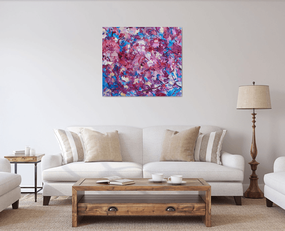 SAKURA BLOSSOM - abstract floral original oil on canvas painting, blue rose cherry-tree, Japan