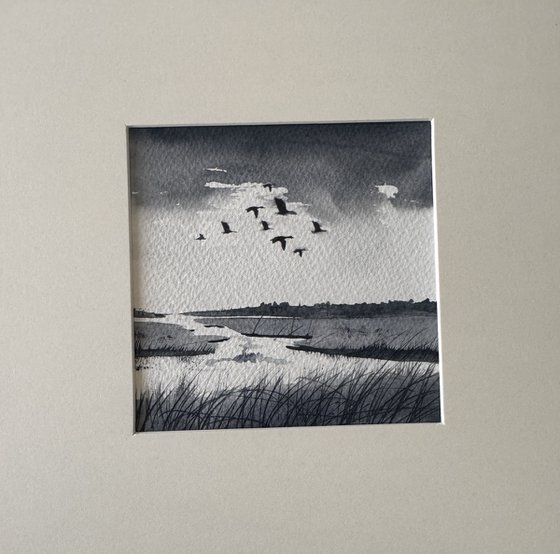 Geese over marshes