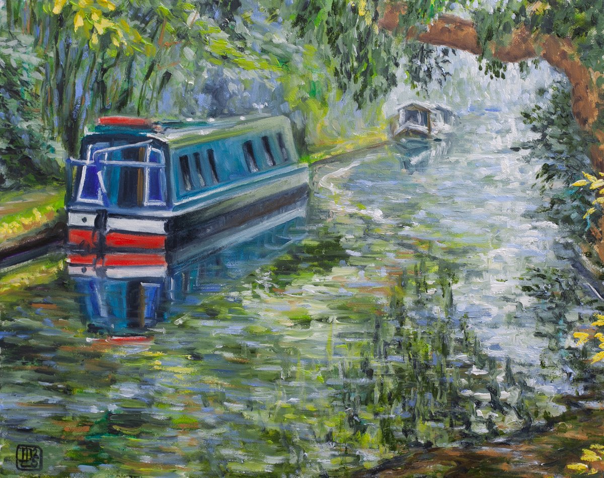 Impressionistic Landscape Oil Painting By Liudmila Pisliakova, 12 X 9", Sleepy Boats On The Canal, Original Artwork