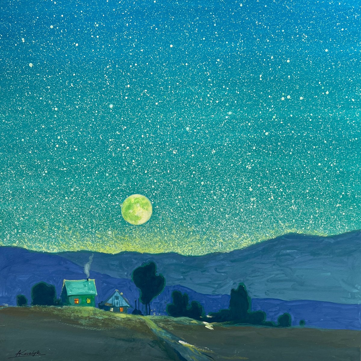 Impressionistic Landscape Painting By Andrii Kovalyk, 20 X 20, Moon Harmony, Original Artwork