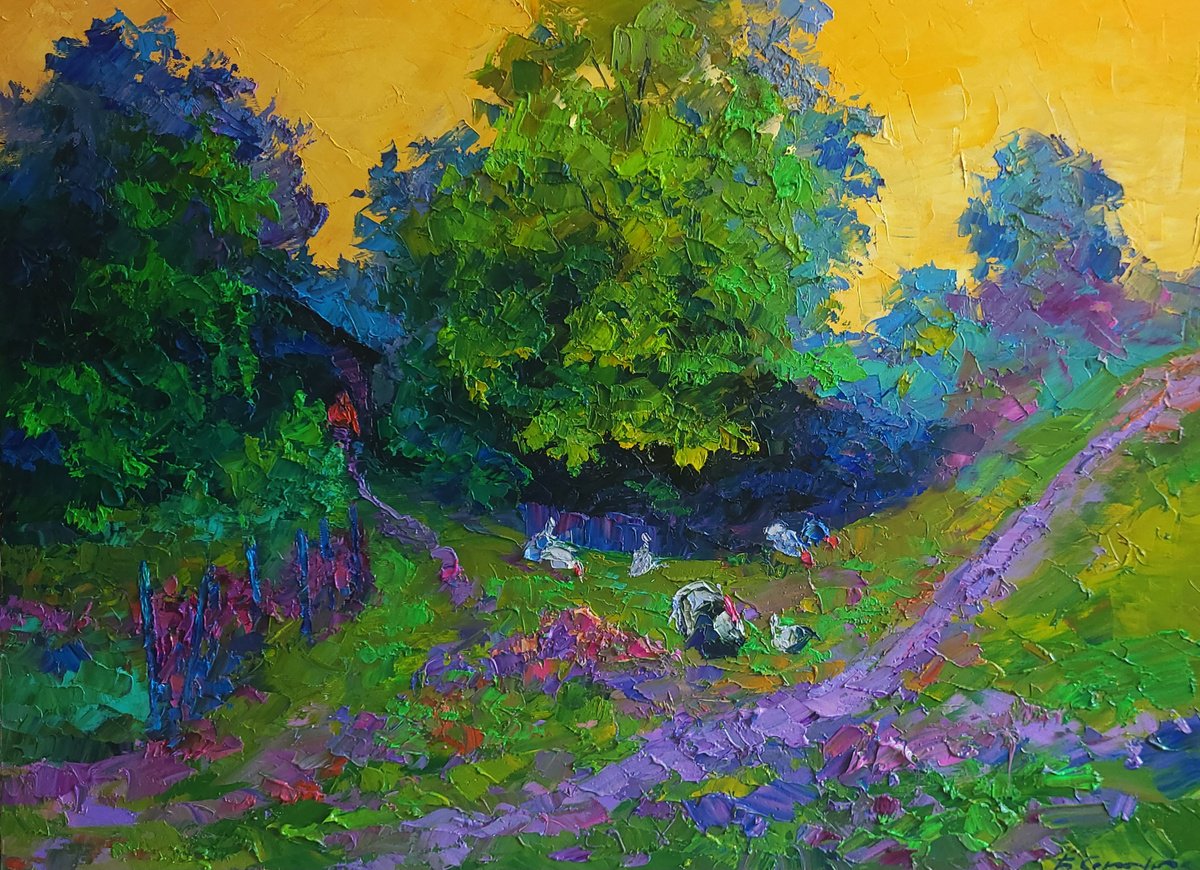 Impressionistic Landscape Oil Painting By Boris Serdyuk, 30 X 22, Evening And Yellow Sunset, Original Artwork