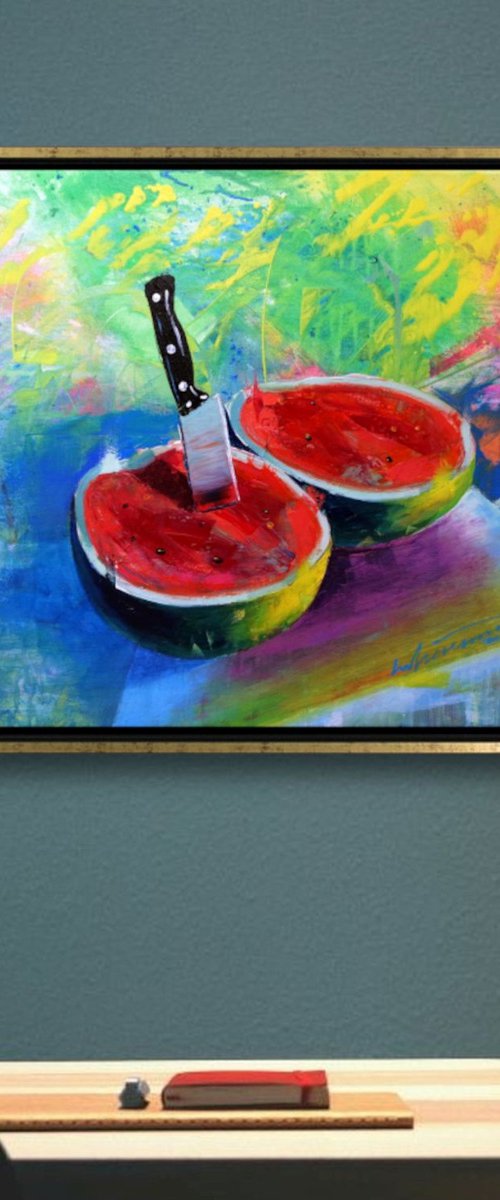 'TWO HALVES OF WATERMELON' - Acrylics Painting on Canvas by Ion Sheremet