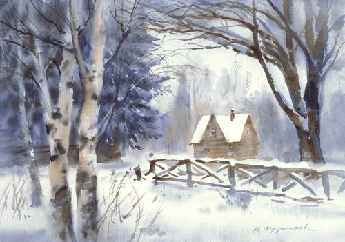 Cottage in the winter forest. Watercolour by Marina Trushnikova. Winterscape, snow landscape, A3 watercolor by Marina Trushnikova