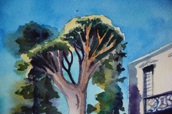 Tree original watercolor painting Spain landscape, coastal home decor