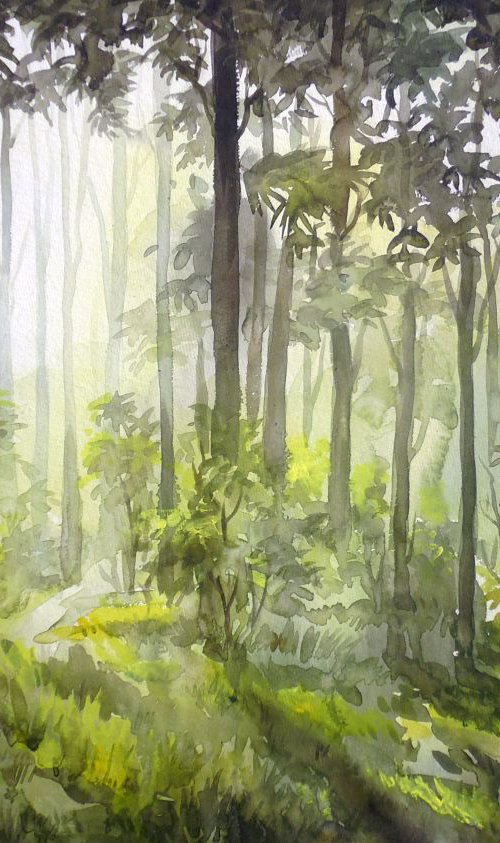 Early Morning light in Forest-Watercolor on Paper by Samiran Sarkar