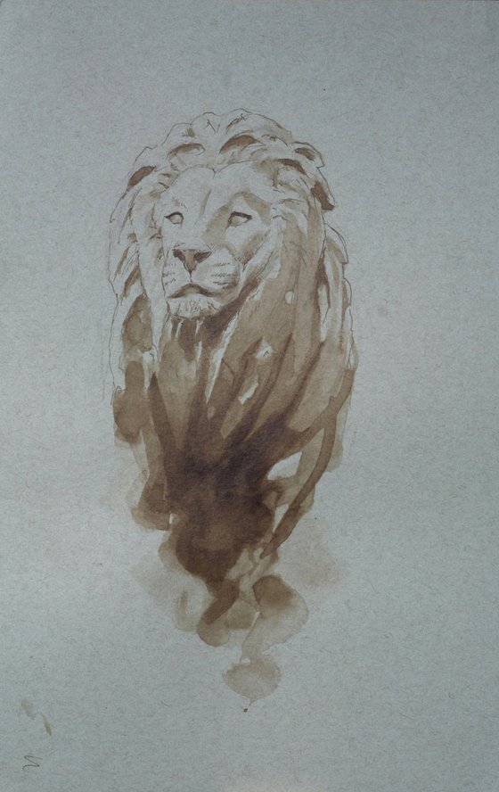 Boston Library Lion in pen & ink wash