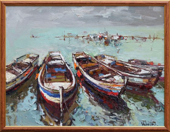 Boats at berth Seascape original oil painting on canvas