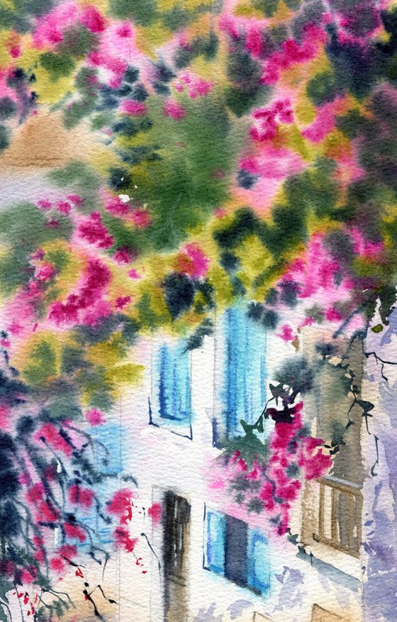 Walk along the Turkish street with blooming bougainvillea. Original artwork.