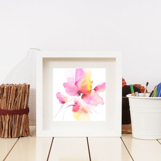 Abstract pink flower painting, small watercolor art