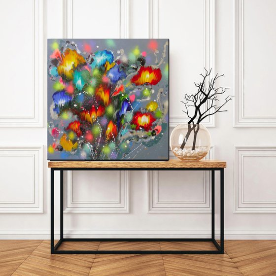 28" Floral Painting on canvas ”Flowers in Silver”