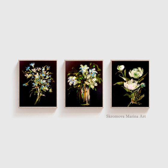 SPRING GIFT - Triptyh. Daisies. Flowers. Gift. Black color. Bouquet. Garden. Garden flowers. Mini-art. Quick painting. The best solution. Gift painting. Postcard. Season. Holidays.