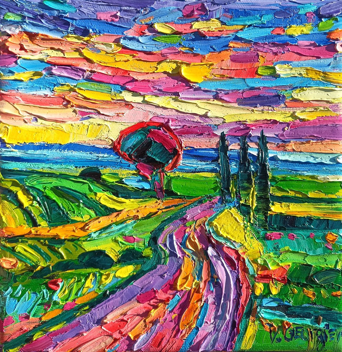 Impressionistic Landscape Oil Painting By Vanya Georgieva, 8 X 8", Art Gift Box - Tuscany, Original Artwork