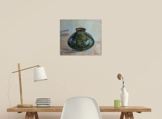 Green Vase. Oil on oilcloth on board. 43 x 37 cm