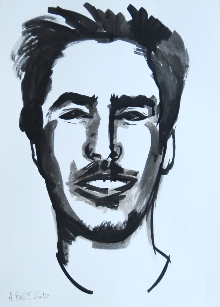 Impressionistic Portrait Ink Drawing By Aleksandar Basic, 12 X 16, Brother 1, Original Artwork