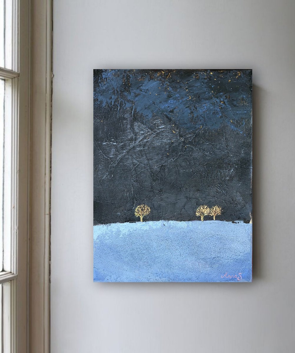Expressive Landscape Acrylic Painting By Anna Silabrama, 12 X 16, - ?Starlight Night - ?, Original Artwork