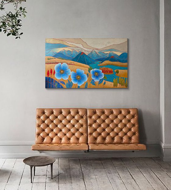 Blue poppies and mountain