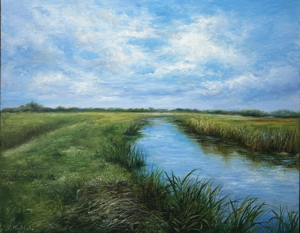 Abstract Landscape Oil Painting By Farzaneh Maddahi, 20 X 16, Whisper Of The Marshlands, Original Artwork
