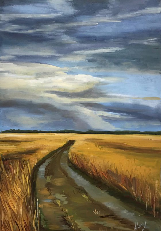 Landscape Original Oil Painting “Way back home in a rainy day” nature, village road 27.5х39cm